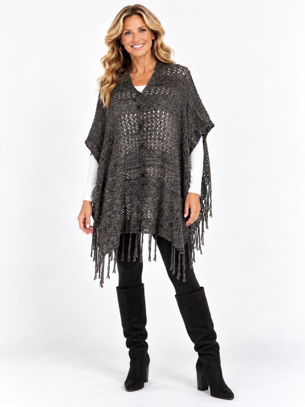 LAROE Charcoal Gray Open-Knit Fringe Poncho Sweater O/S